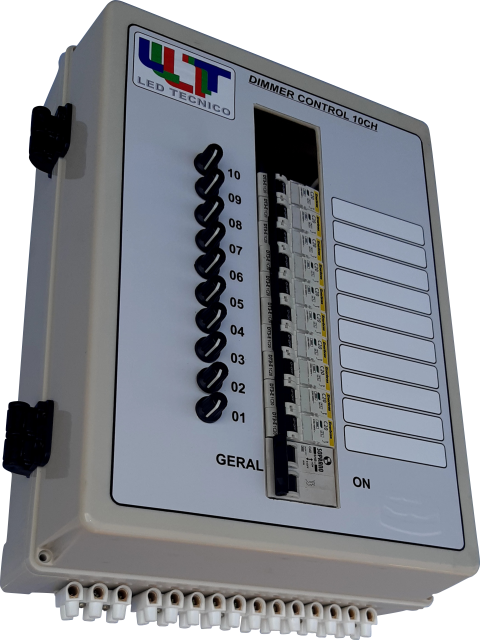 Dimmer manual 10 canais <br> - 10 canais com Triacs 40A <br> - Controle giratório individual por canal <br> - 01 Disjuntor Geral <br> - Disjuntor de proteção individual por canal  